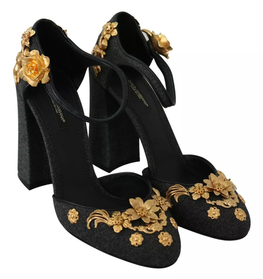 Παπούτσια Dolce & Gabbana Black Floral Angel απλικέ Ankle Strap Pumps