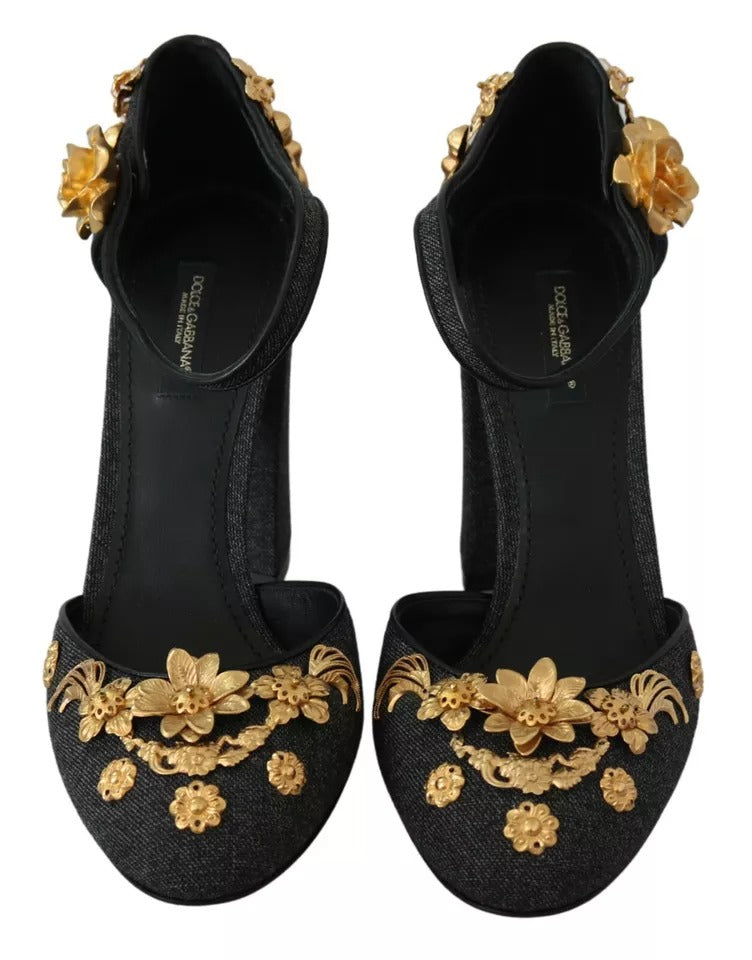 Παπούτσια Dolce & Gabbana Black Floral Angel απλικέ Ankle Strap Pumps