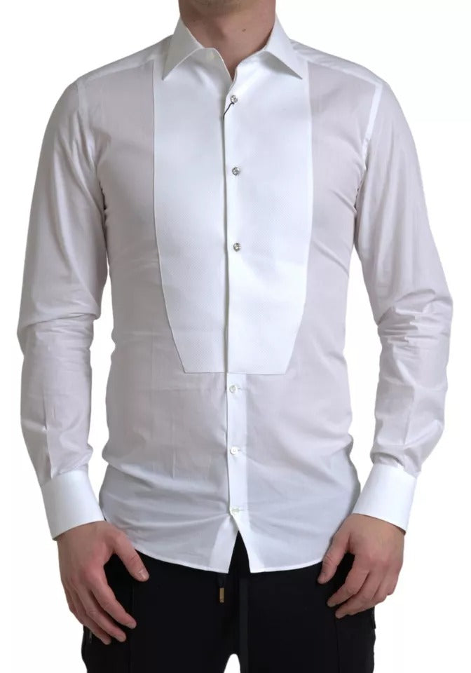 Dolce & Gabbana White Bib Cotton Poplin Men Formal GOLD Shirt