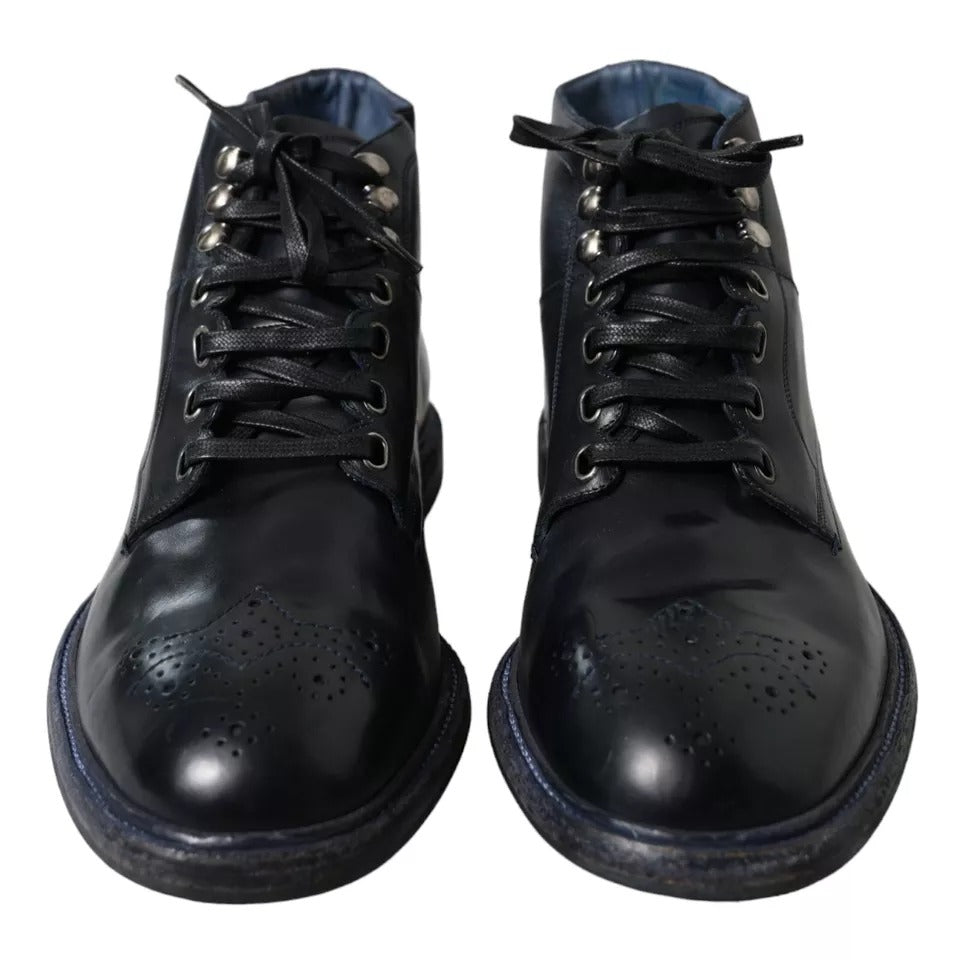 Dolce & Gabbana Navy Blue Leather Lace Up Ankle Boots Shoes