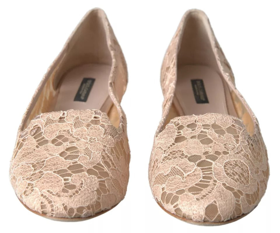 Dolce &amp; Gabbana Beige Floral Lace Loafers Flats Παπούτσια