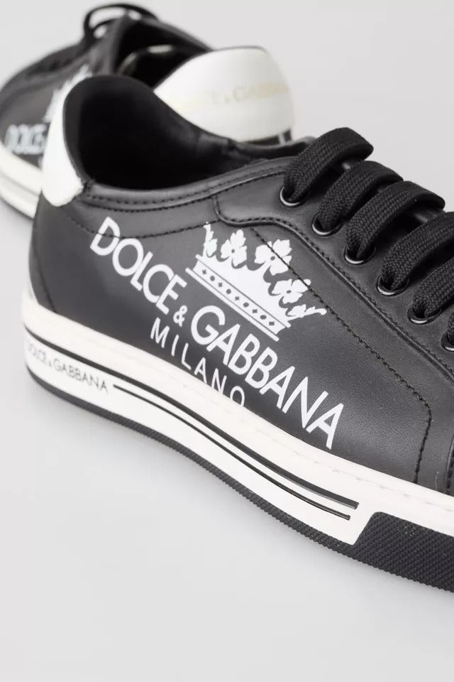 Dolce &amp; Gabbana Black Leather Crown Milano Sneakers Casual Παπούτσια