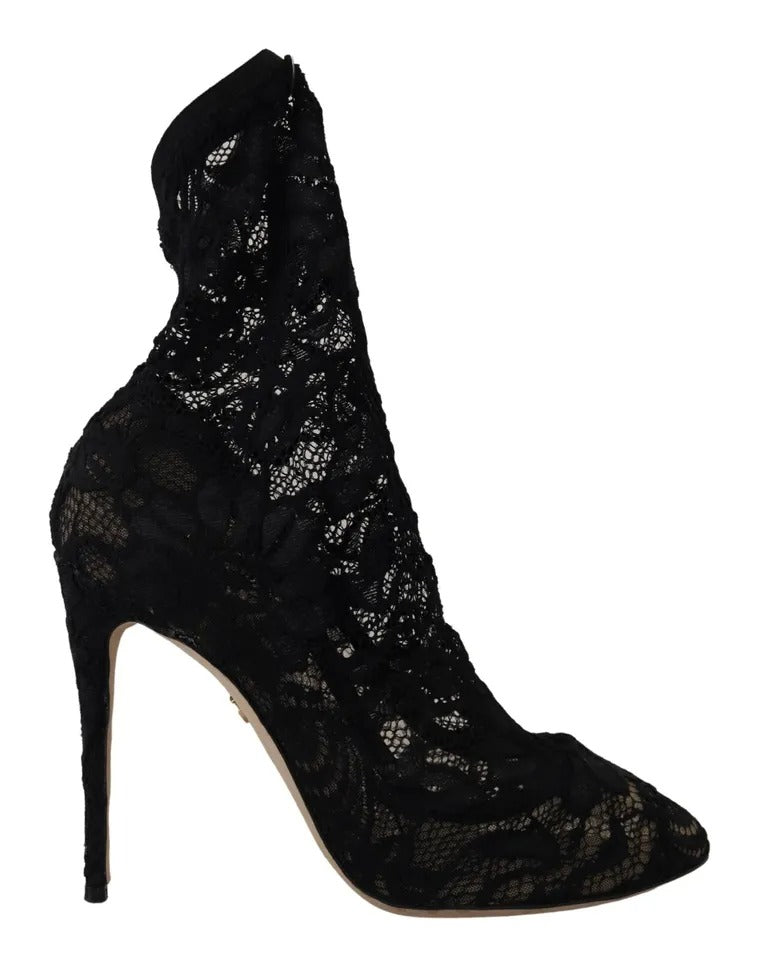 Dolce &amp; Gabbana Μαύρες Stretch Κάλτσες Taormina Lace Boots Παπούτσια