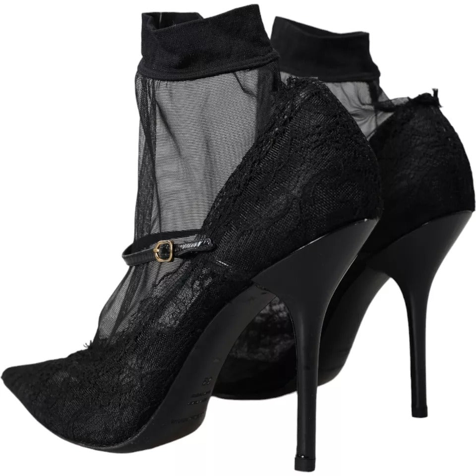 Dolce & Gabbana Black Tulle Stretch Boots Pumps Παπούτσια