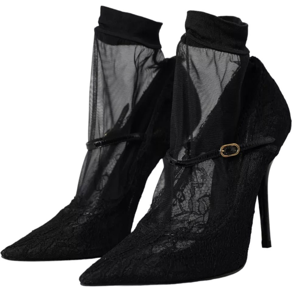 Dolce & Gabbana Black Tulle Stretch Boots Pumps Παπούτσια