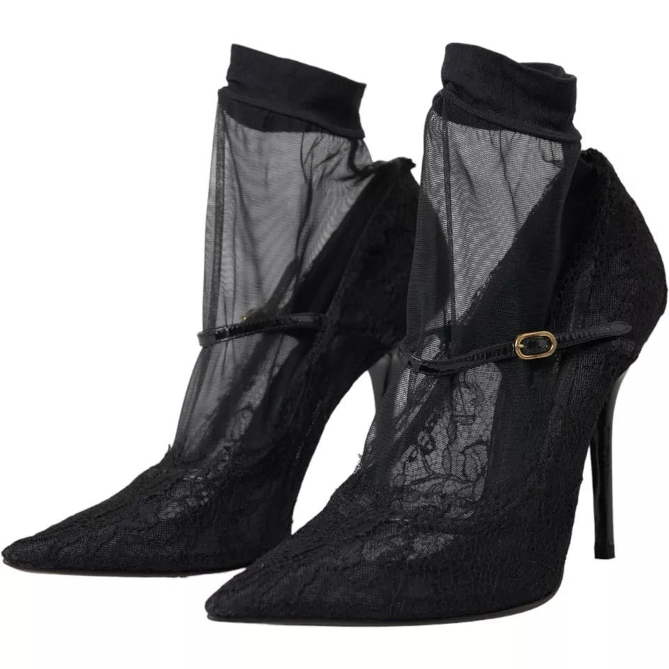 Dolce & Gabbana Black Tulle Stretch Boots Pumps Παπούτσια