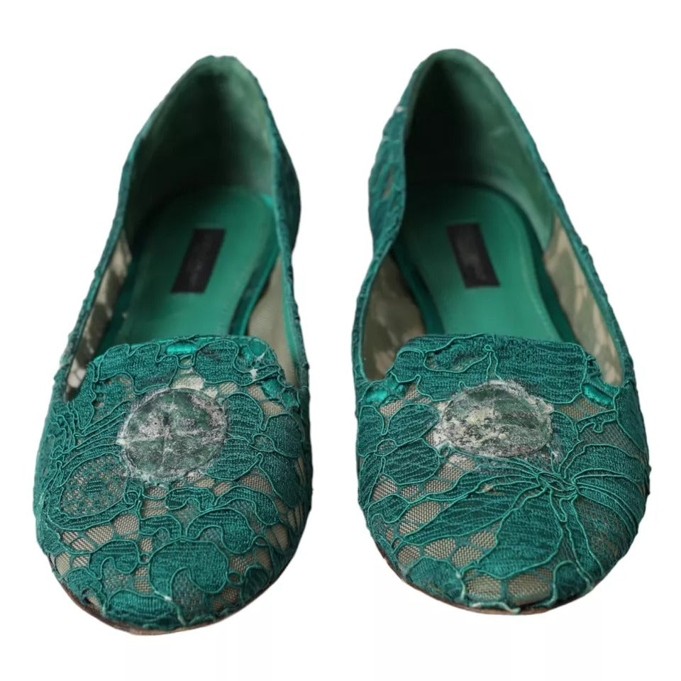 Dolce &amp; Gabbana Green Taormina Lace Slip On Flats παπούτσια