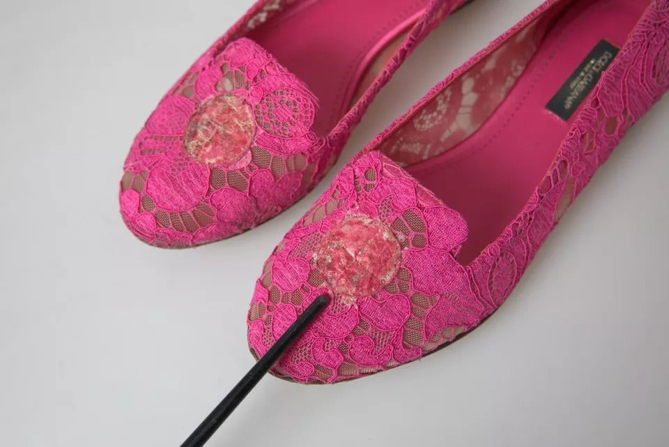 Dolce &amp; Gabbana Pink Taormina Lace Slip On Flat παπούτσια