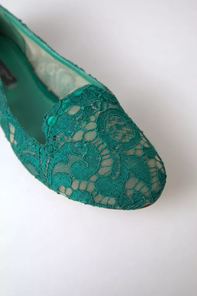 Dolce &amp; Gabbana Green Floral Lace Loafers Flats παπούτσια