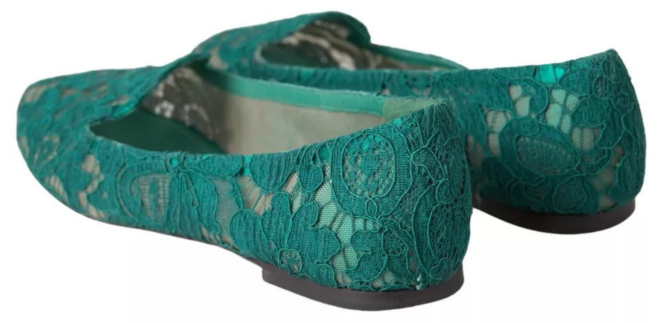 Dolce &amp; Gabbana Green Floral Lace Loafers Flats παπούτσια