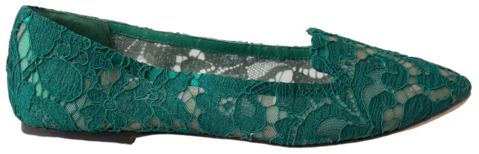 Dolce &amp; Gabbana Green Floral Lace Loafers Flats παπούτσια