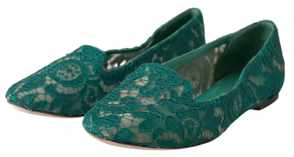 Dolce &amp; Gabbana Green Floral Lace Loafers Flats παπούτσια