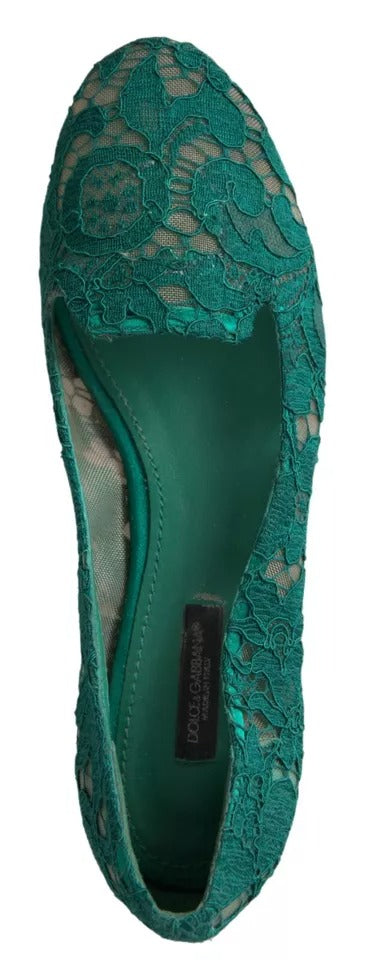 Dolce &amp; Gabbana Green Floral Lace Loafers Flats παπούτσια