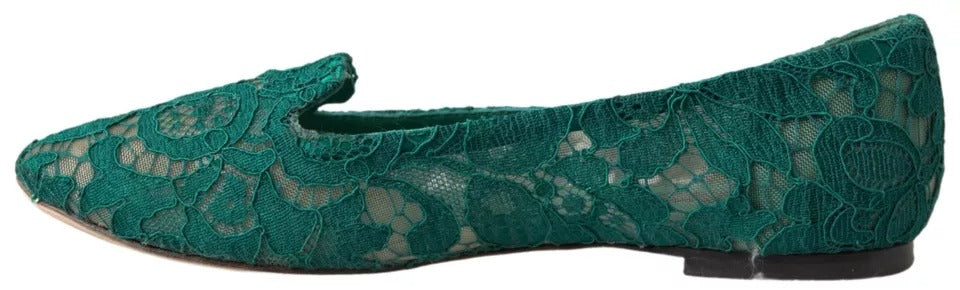 Dolce &amp; Gabbana Green Floral Lace Loafers Flats παπούτσια