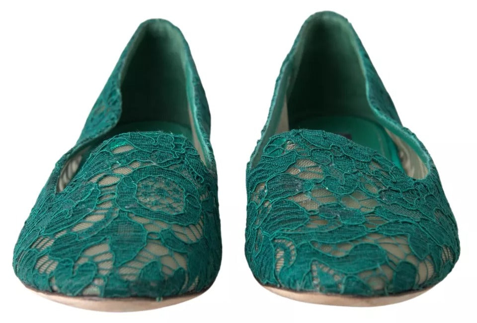 Dolce &amp; Gabbana Green Floral Lace Loafers Flats παπούτσια