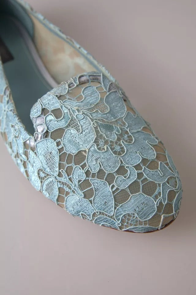 Dolce &amp; Gabbana Light Blue Floral Lace Loafers Flats παπούτσια