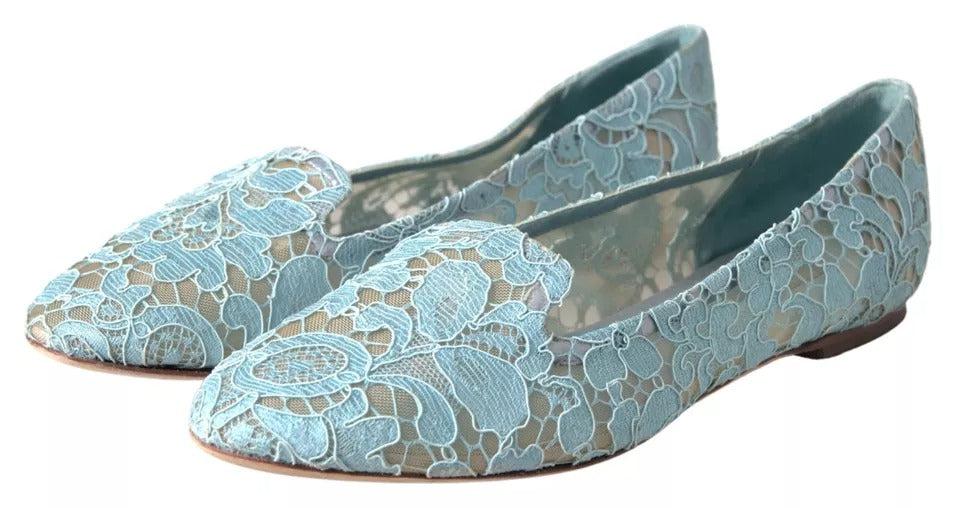 Dolce &amp; Gabbana Light Blue Floral Lace Loafers Flats παπούτσια