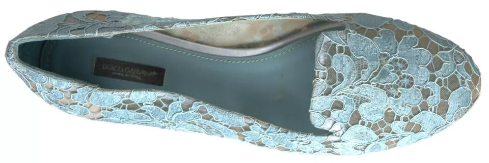 Dolce &amp; Gabbana Light Blue Floral Lace Loafers Flats παπούτσια