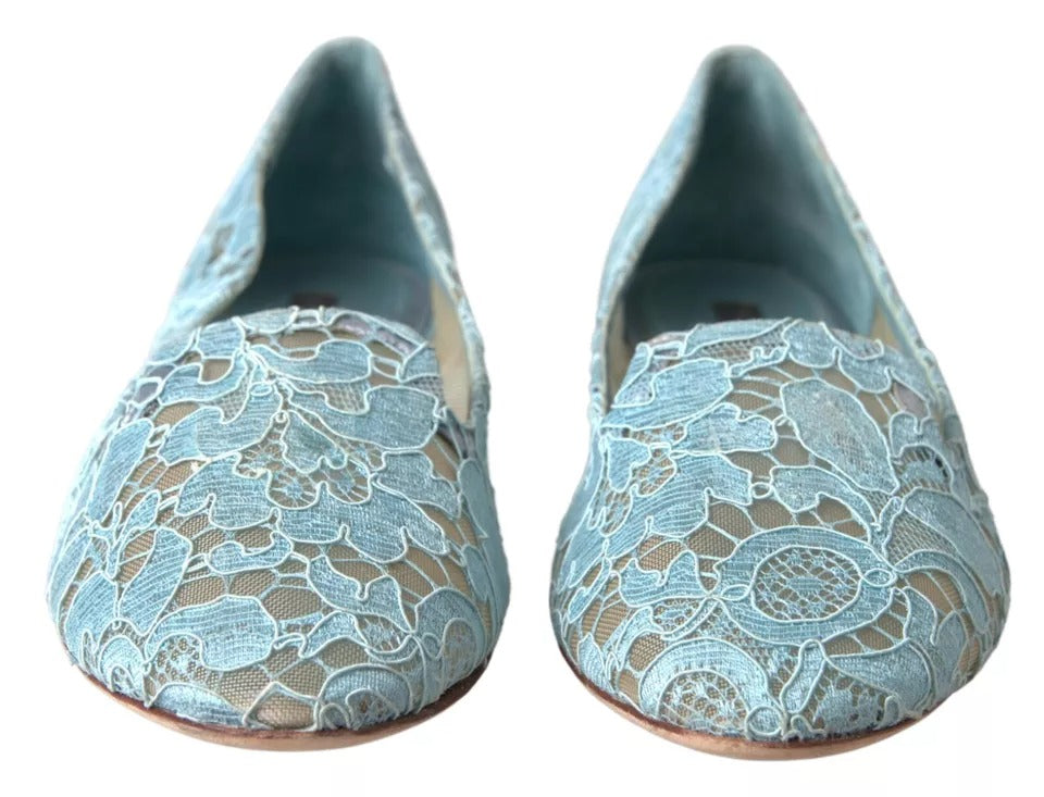 Dolce &amp; Gabbana Light Blue Floral Lace Loafers Flats παπούτσια