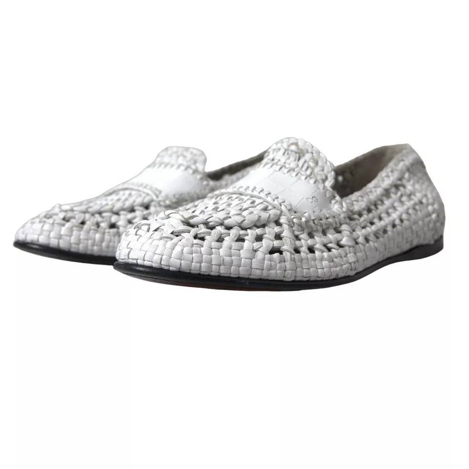 Dolce &amp; Gabbana White Woven Leather Ανδρικά παπούτσια Slip On Loafers