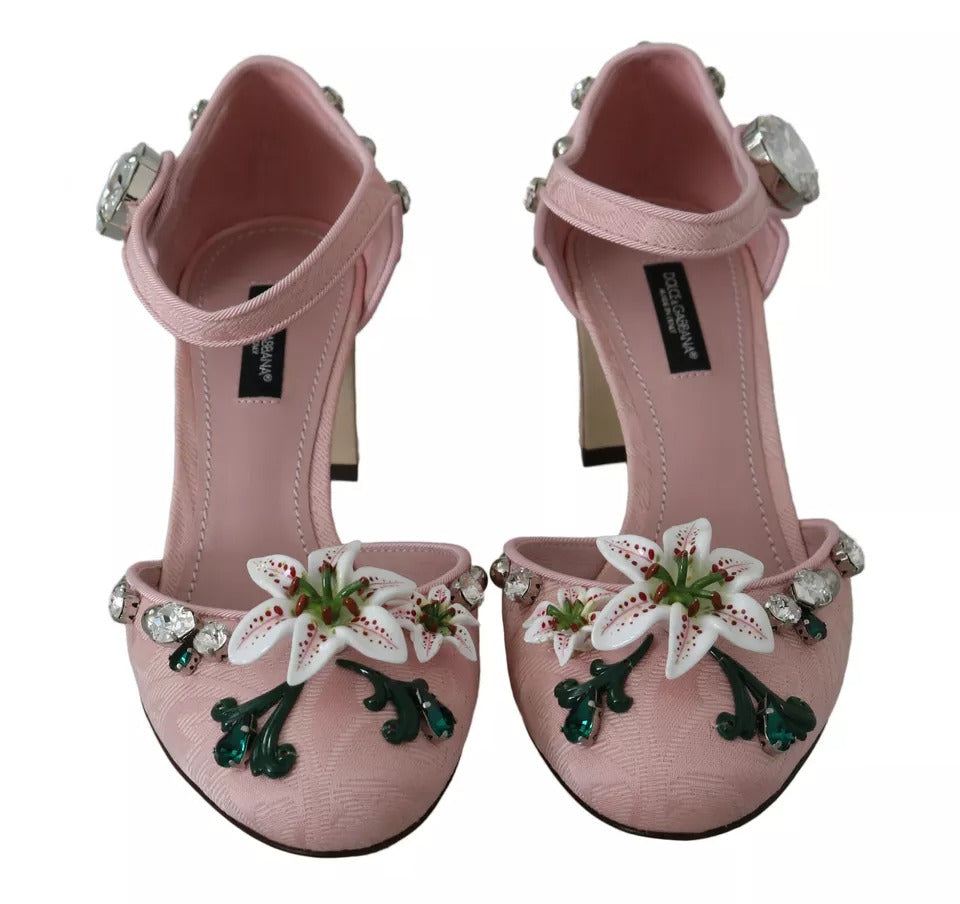 Παπούτσια Dolce &amp; Gabbana Pink Brocade Crystal Lily Ankle Strap