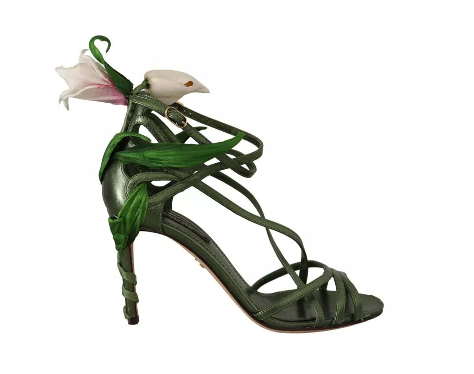 Dolce &amp; Gabbana Acid Green Leather Strappy Flower Heels Σανδάλια Παπούτσια