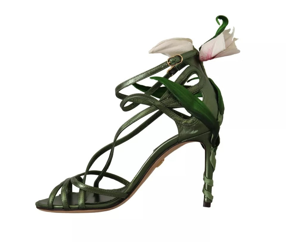 Dolce &amp; Gabbana Acid Green Leather Strappy Flower Heels Σανδάλια Παπούτσια