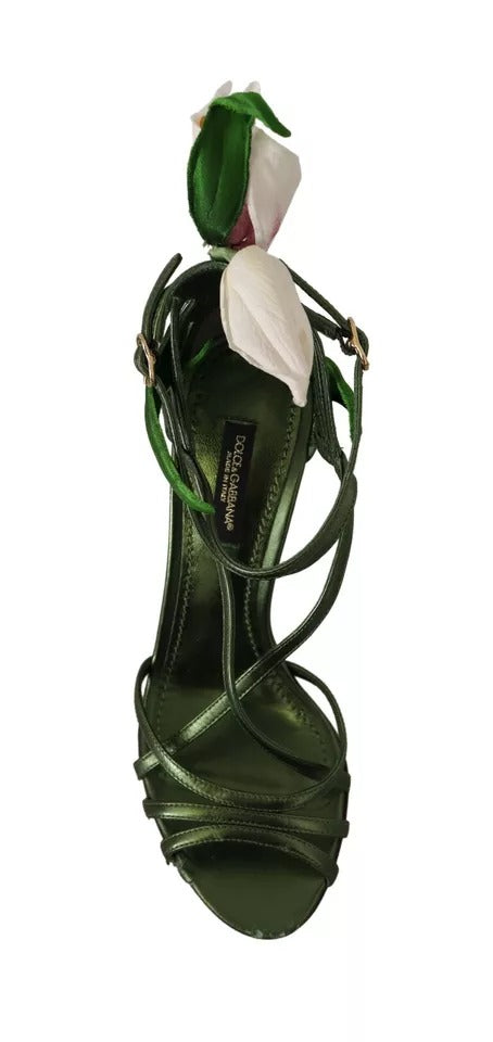 Dolce &amp; Gabbana Acid Green Leather Strappy Flower Heels Σανδάλια Παπούτσια