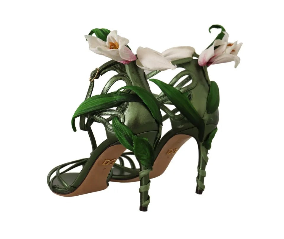 Dolce &amp; Gabbana Acid Green Leather Strappy Flower Heels Σανδάλια Παπούτσια