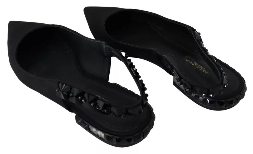 Dolce & Gabbana Black Flats Crystal Slingback Charmeuse Shoes