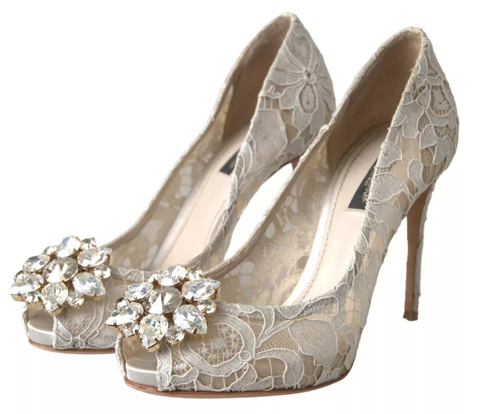 Dolce & Gabbana White Taormina Lace Crystal Heels Pumps Shoes