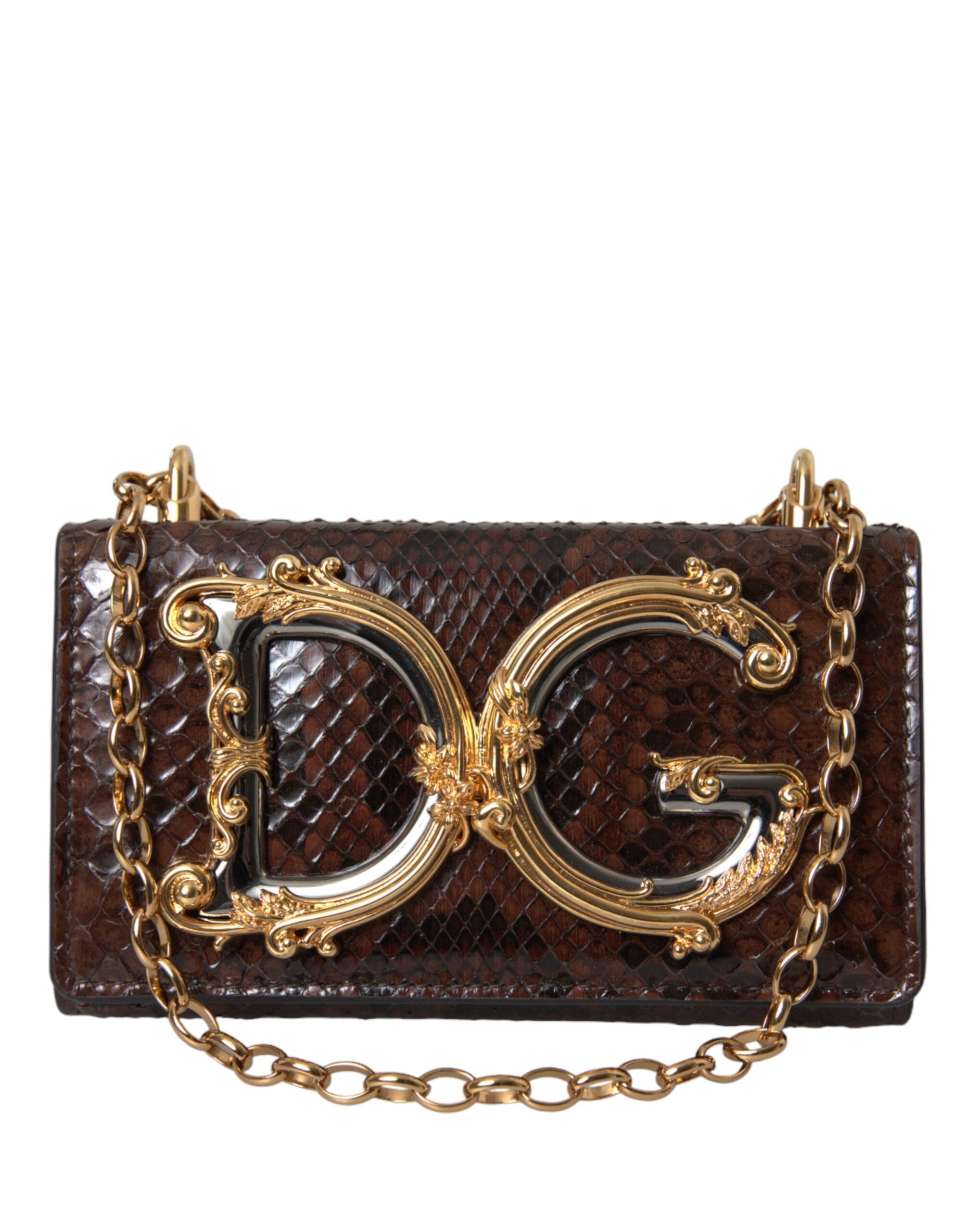 Dolce & Gabbana Καφέ Πύθωνα Δερμάτινη DG Girls Χιαστή Τσάντα Τηλεφώνου