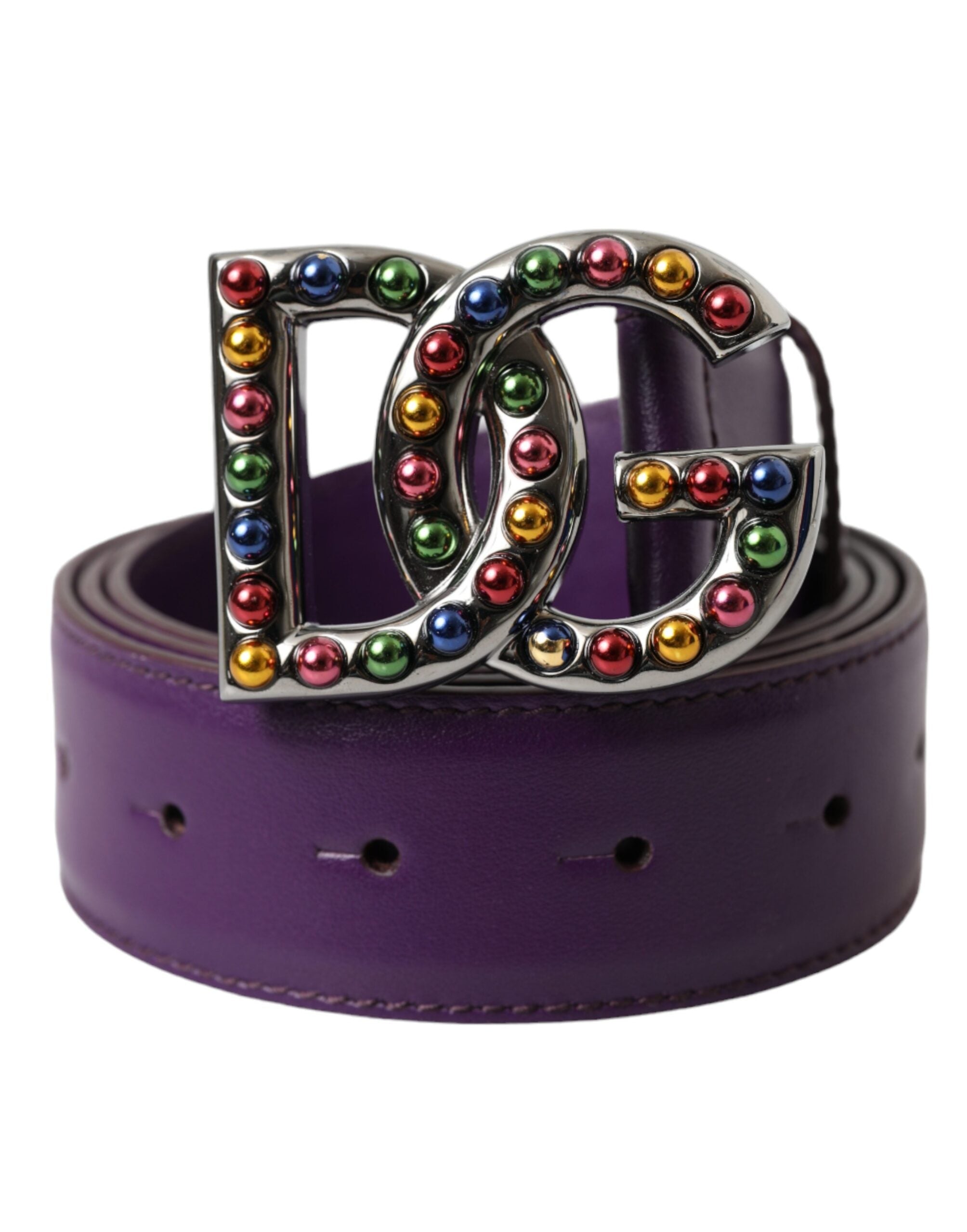 Dolce &amp; Gabbana Purple Leather DG Logo Studs Μεταλλική ζώνη πόρπης