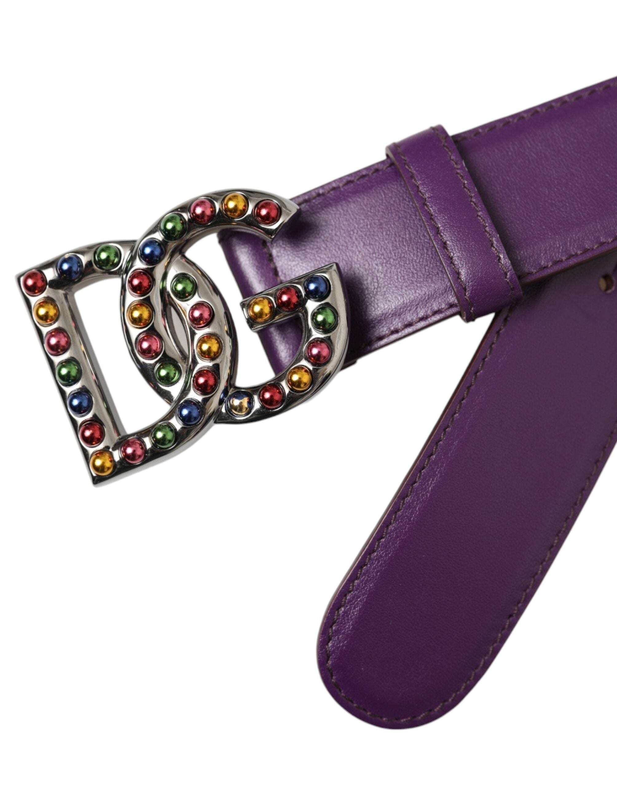 Dolce &amp; Gabbana Purple Leather DG Logo Studs Μεταλλική ζώνη πόρπης