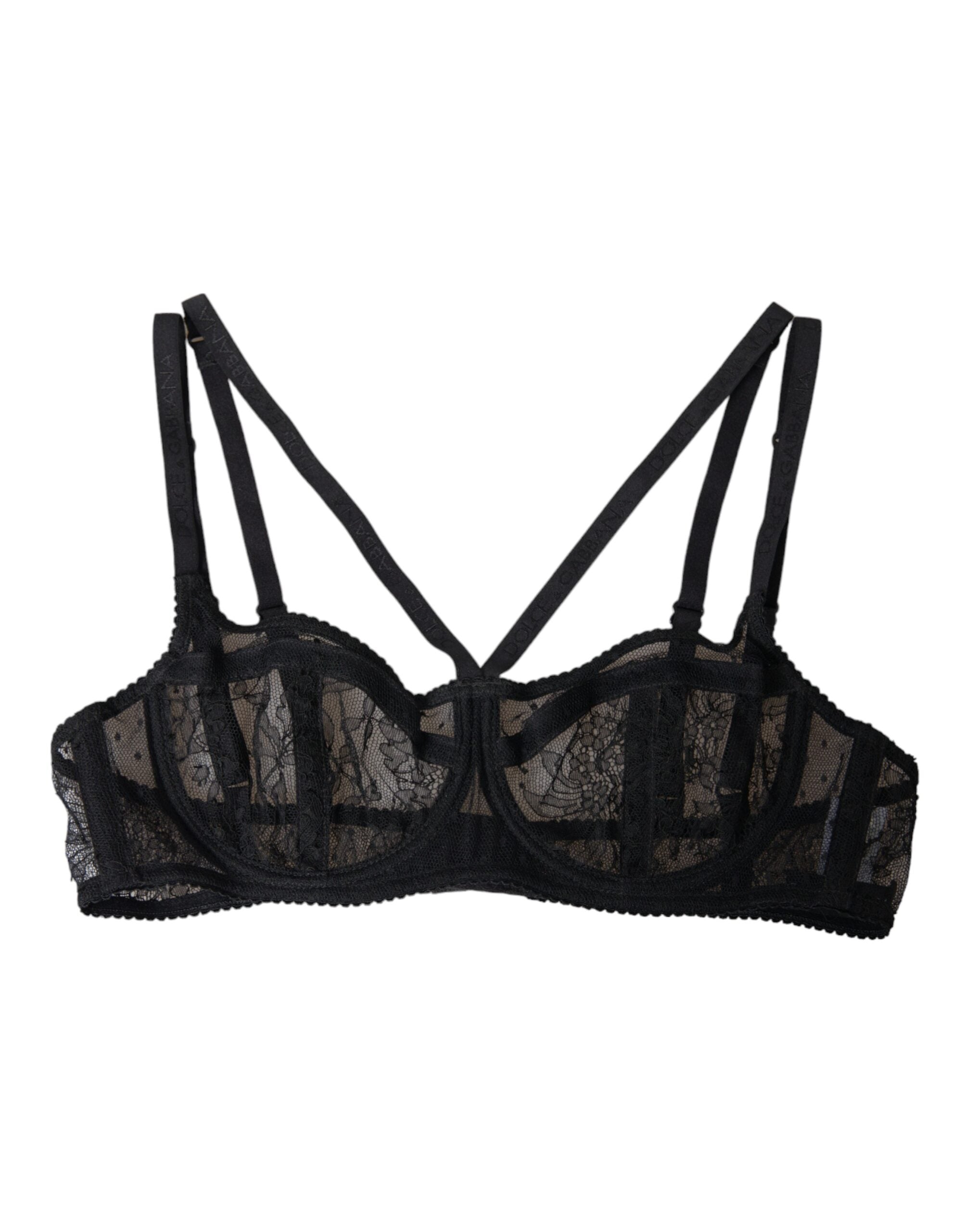 Dolce &amp; Gabbana Μαύρο Floral Lace Nylon Balconcino Bra Εσώρουχα