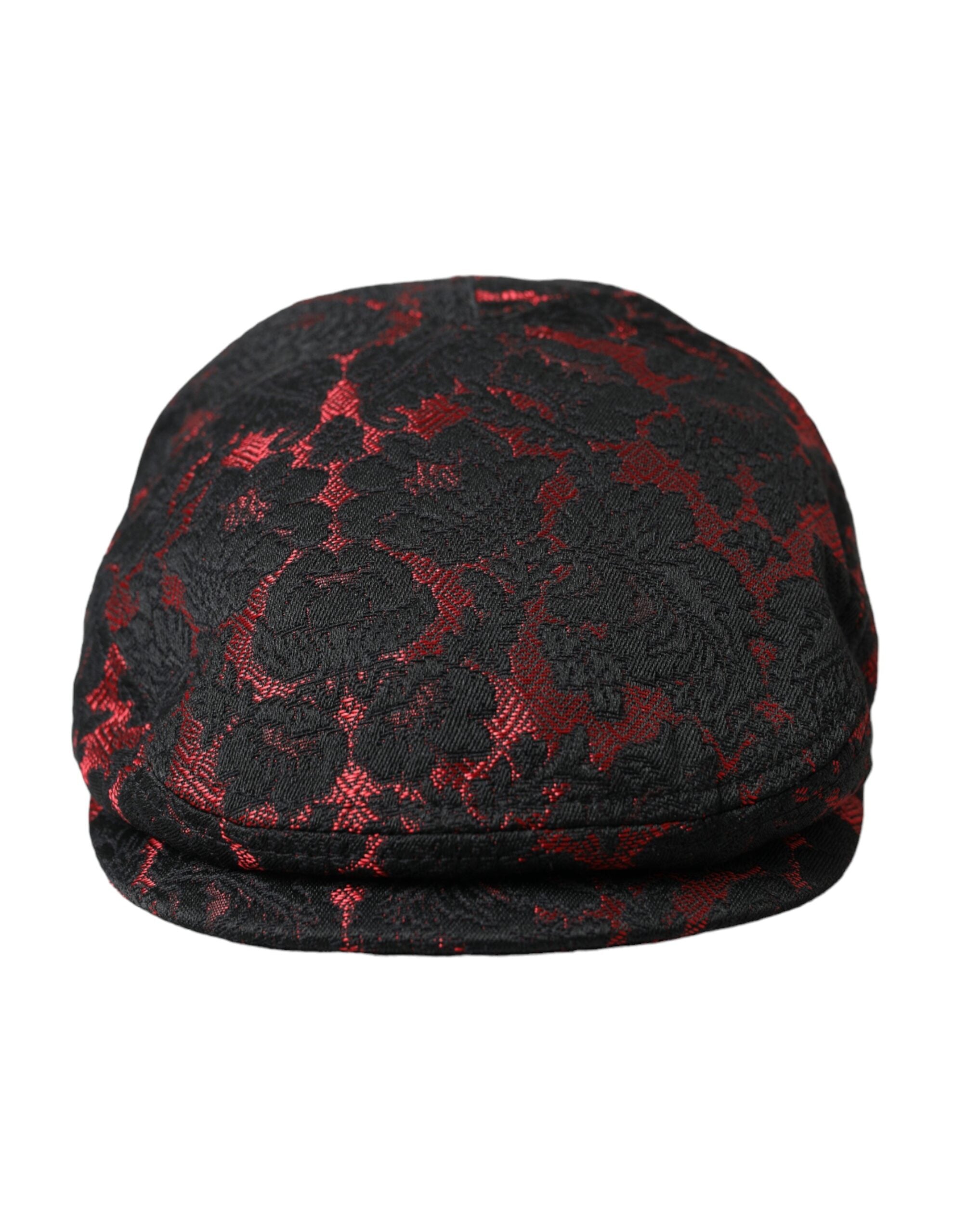 Dolce &amp; Gabbana Black Red Floral Jacquard Newsboy Hat Men