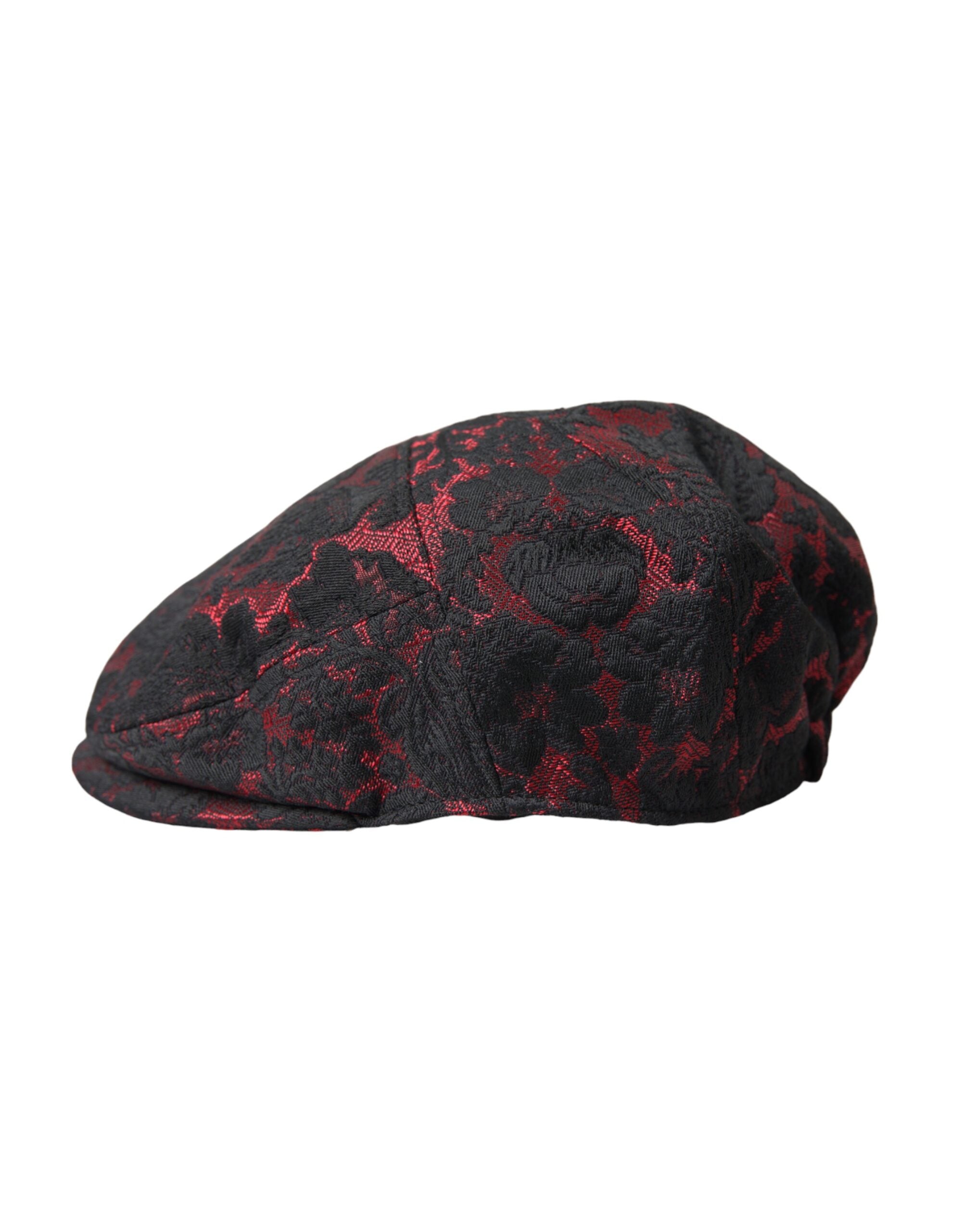 Dolce &amp; Gabbana Black Red Floral Jacquard Newsboy Hat Men