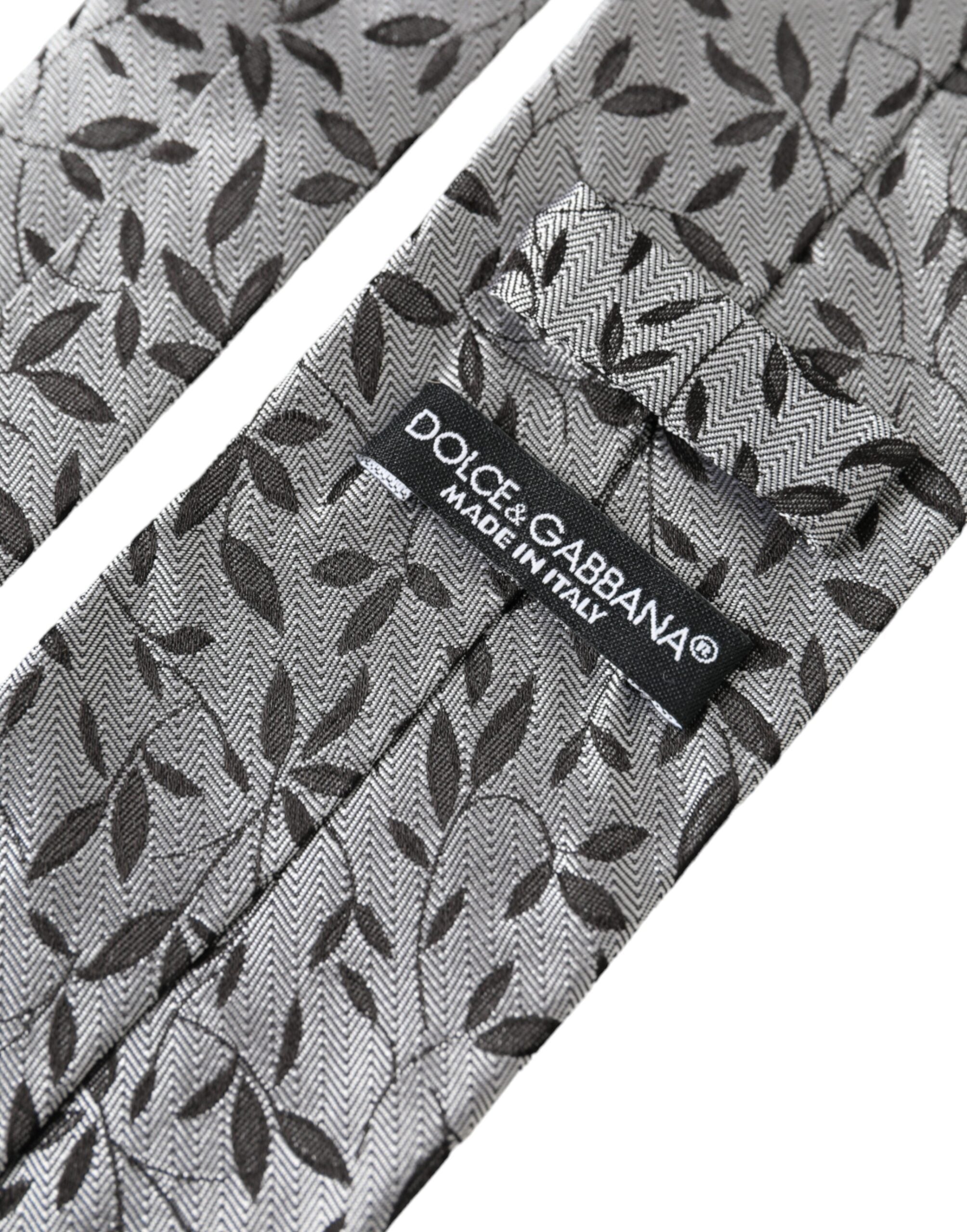 Dolce & Gabbana Grey Leaves 100% Silk Ρυθμιζόμενη Γραβάτα