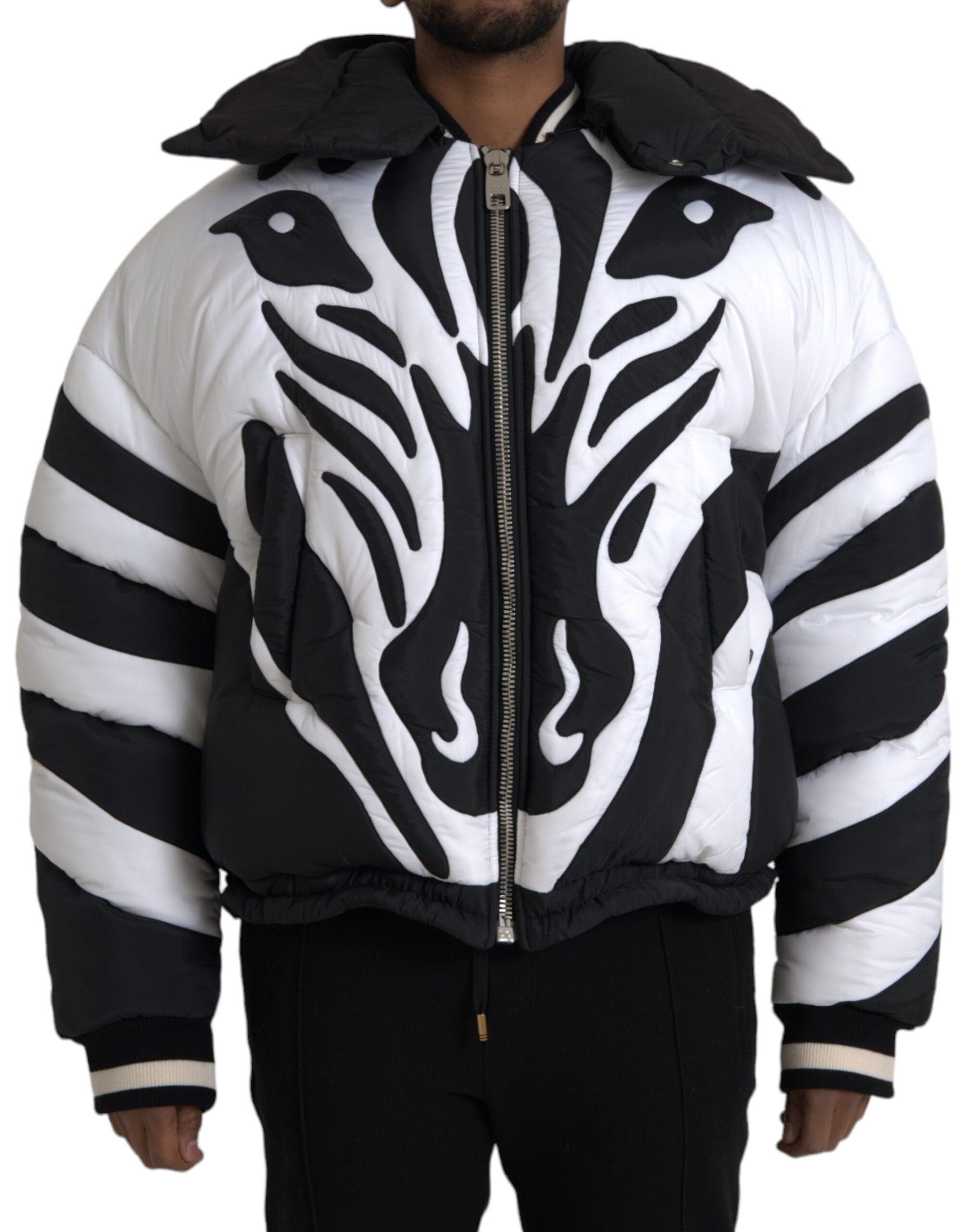 Μπουφάν Dolce & Gabbana Black White Stripes Hooded Puffer