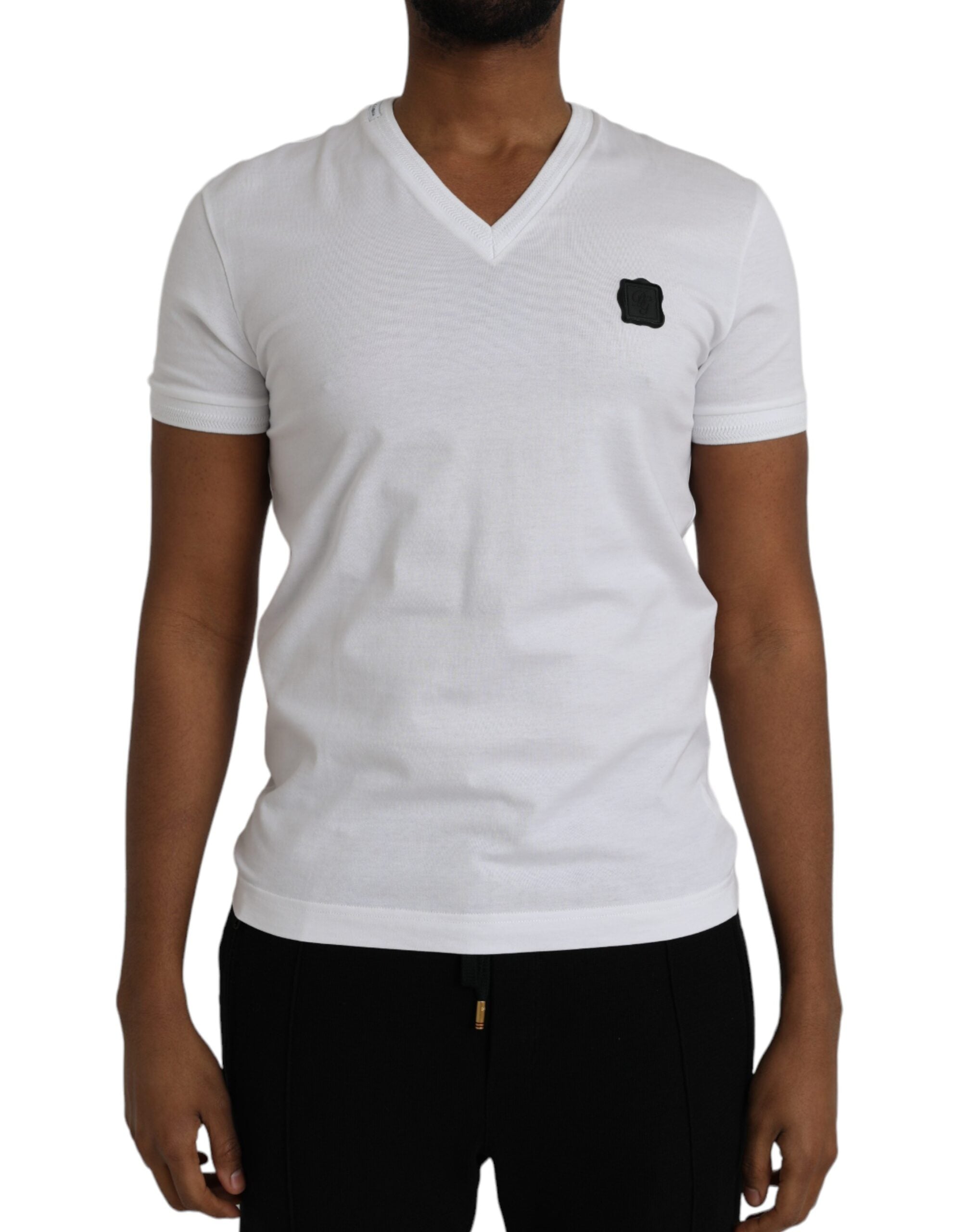 Dolce & Gabbana White Cotton Logo Plaque V-neck Men T-shirt