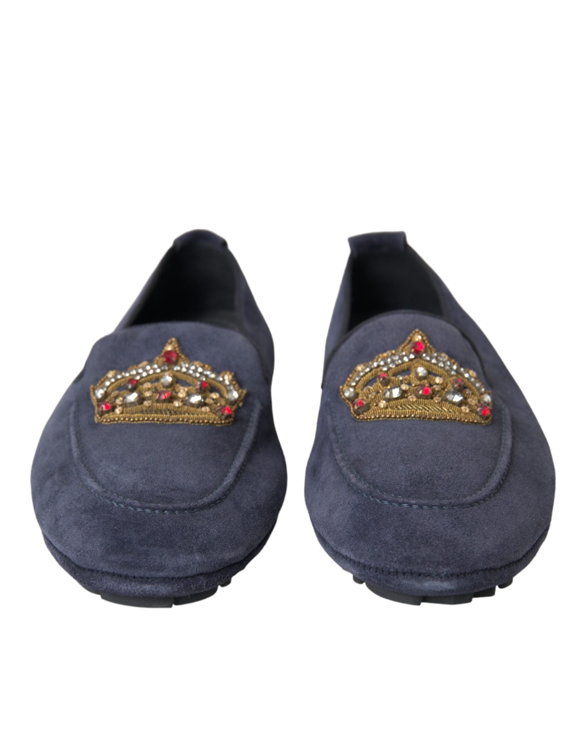 Dolce & Gabbana Blue Leather Suede Crystal Crown Loafers