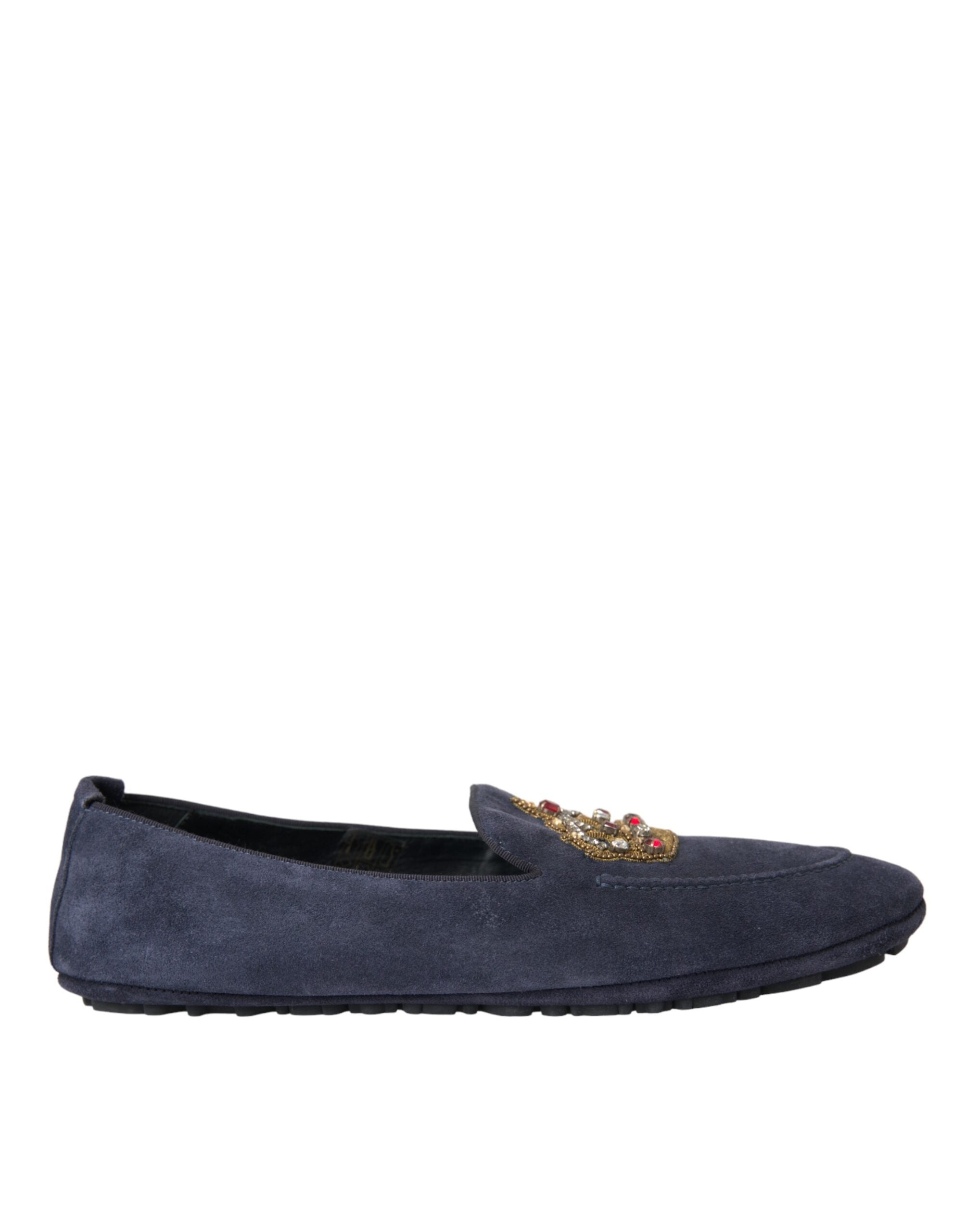 Dolce & Gabbana Blue Leather Suede Crystal Crown Loafers