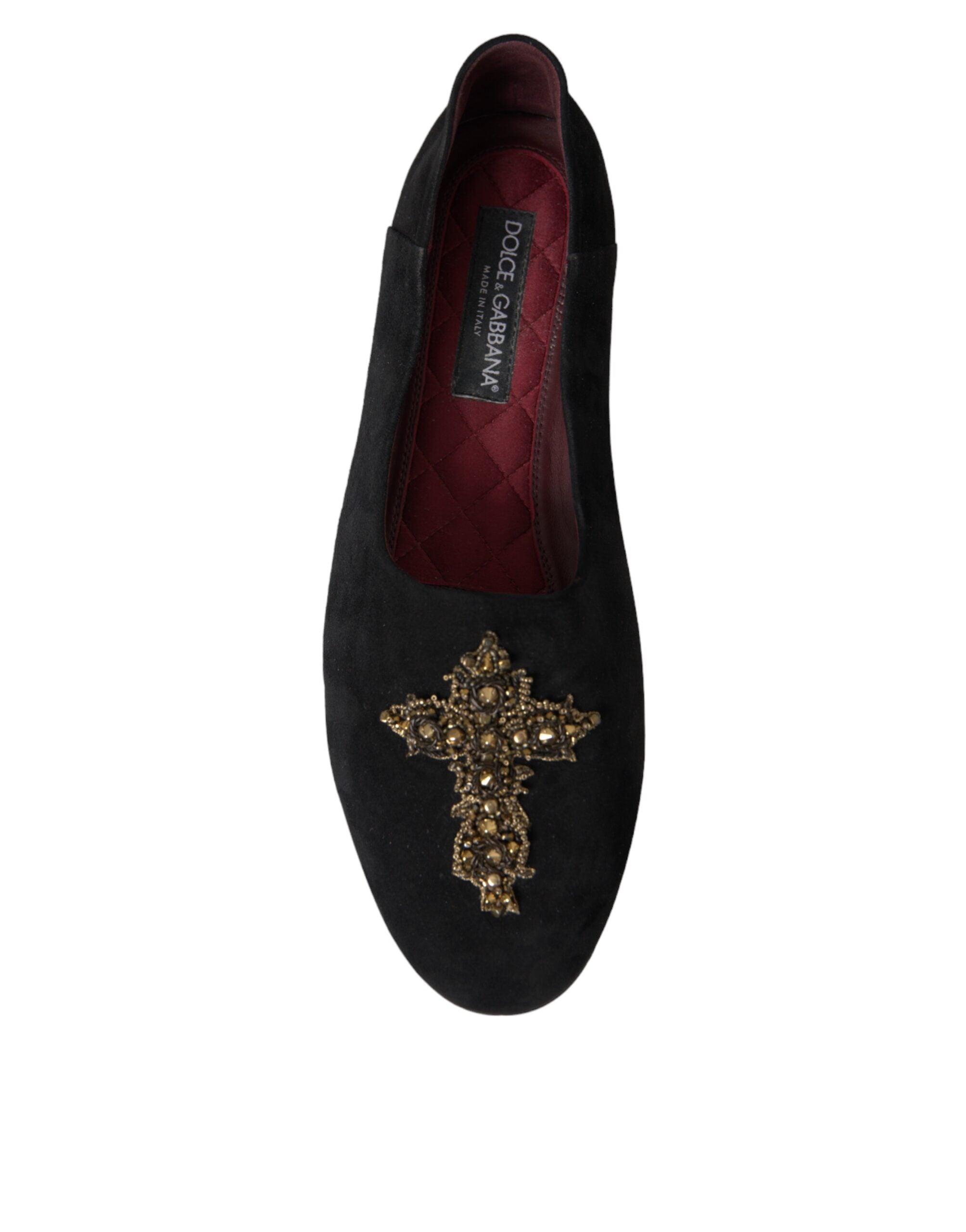 Dolce & Gabbana Black Suede Gold Cross Slip On Loafer Shoes