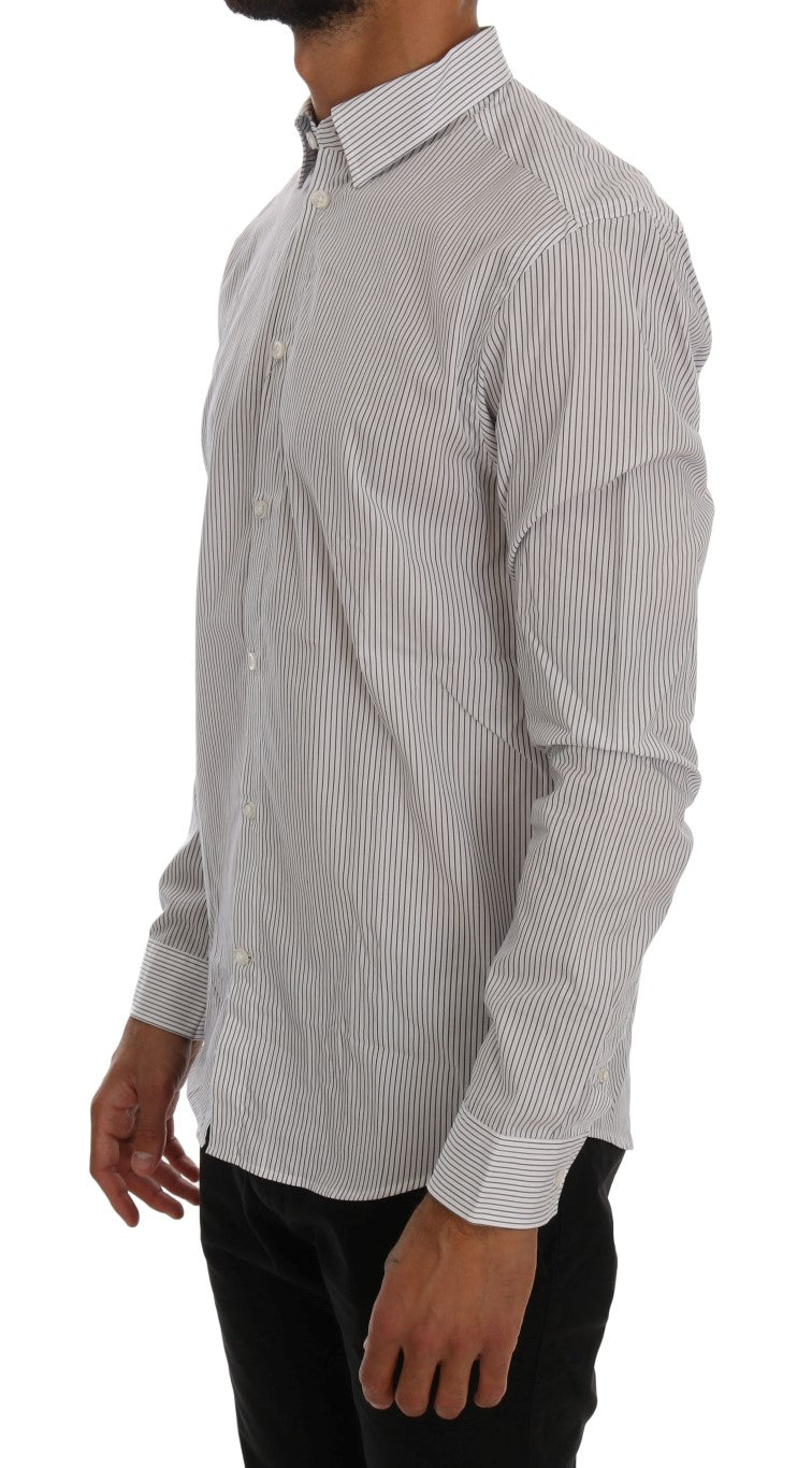 Frankie Morello Elegant White & Blue Striped Casual Shirt