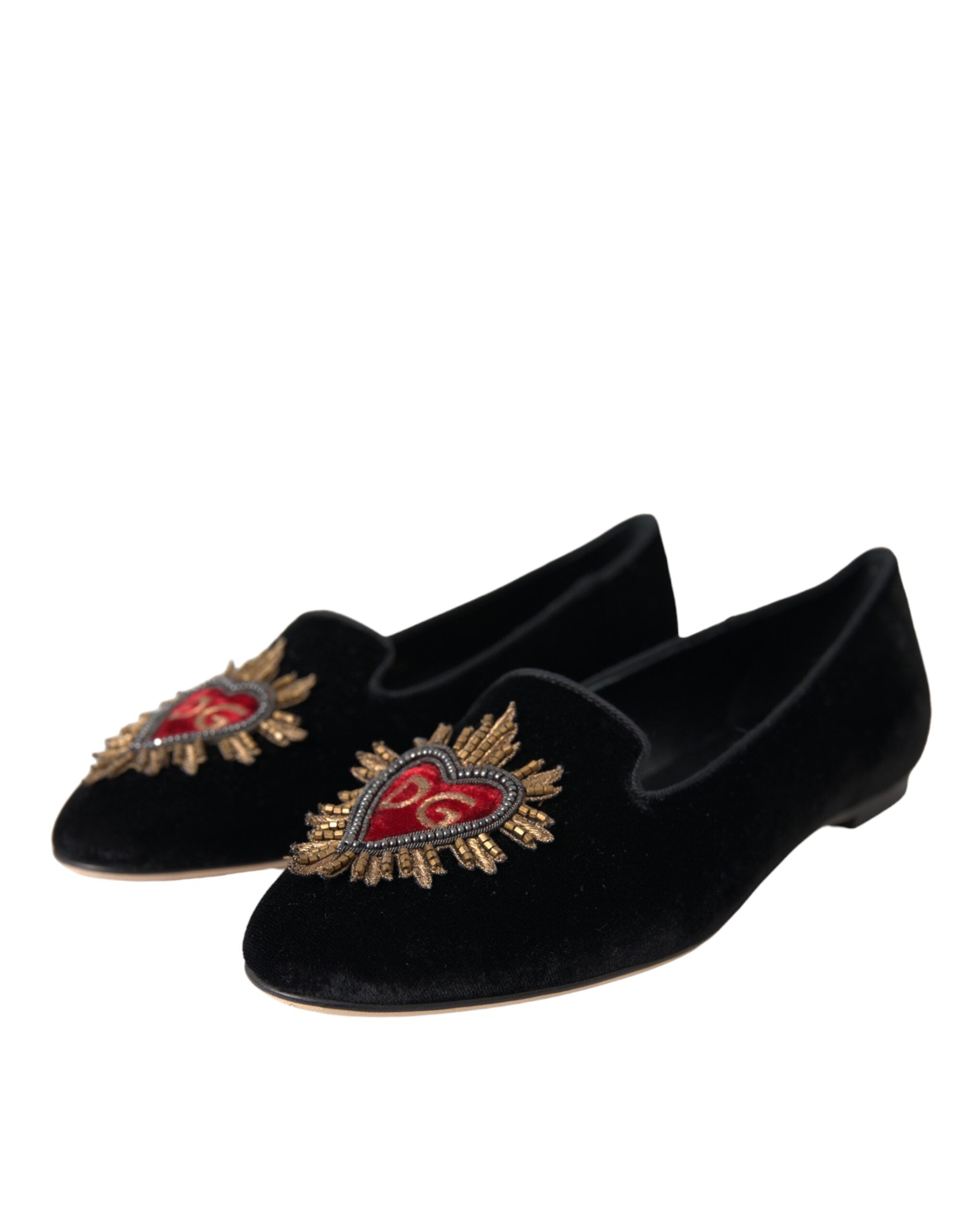 Dolce & Gabbana Black Velvet DG Heart Loafers Flats