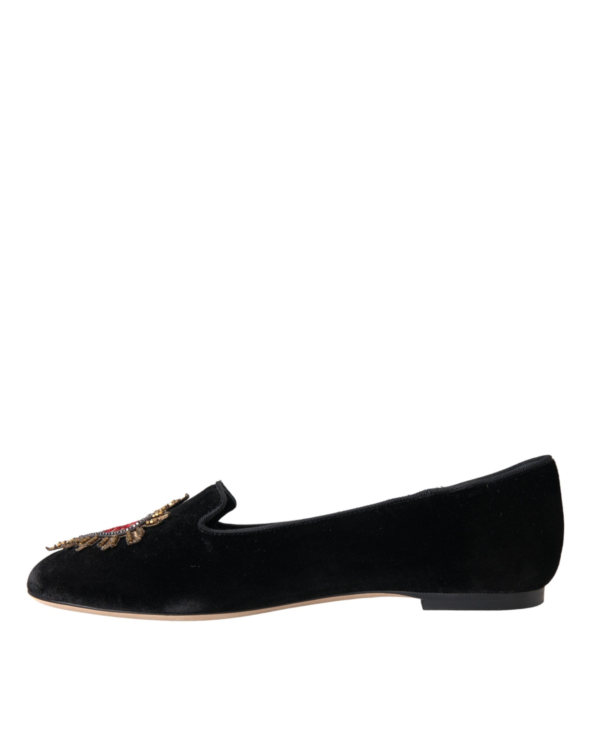 Dolce & Gabbana Black Velvet DG Heart Loafers Flats