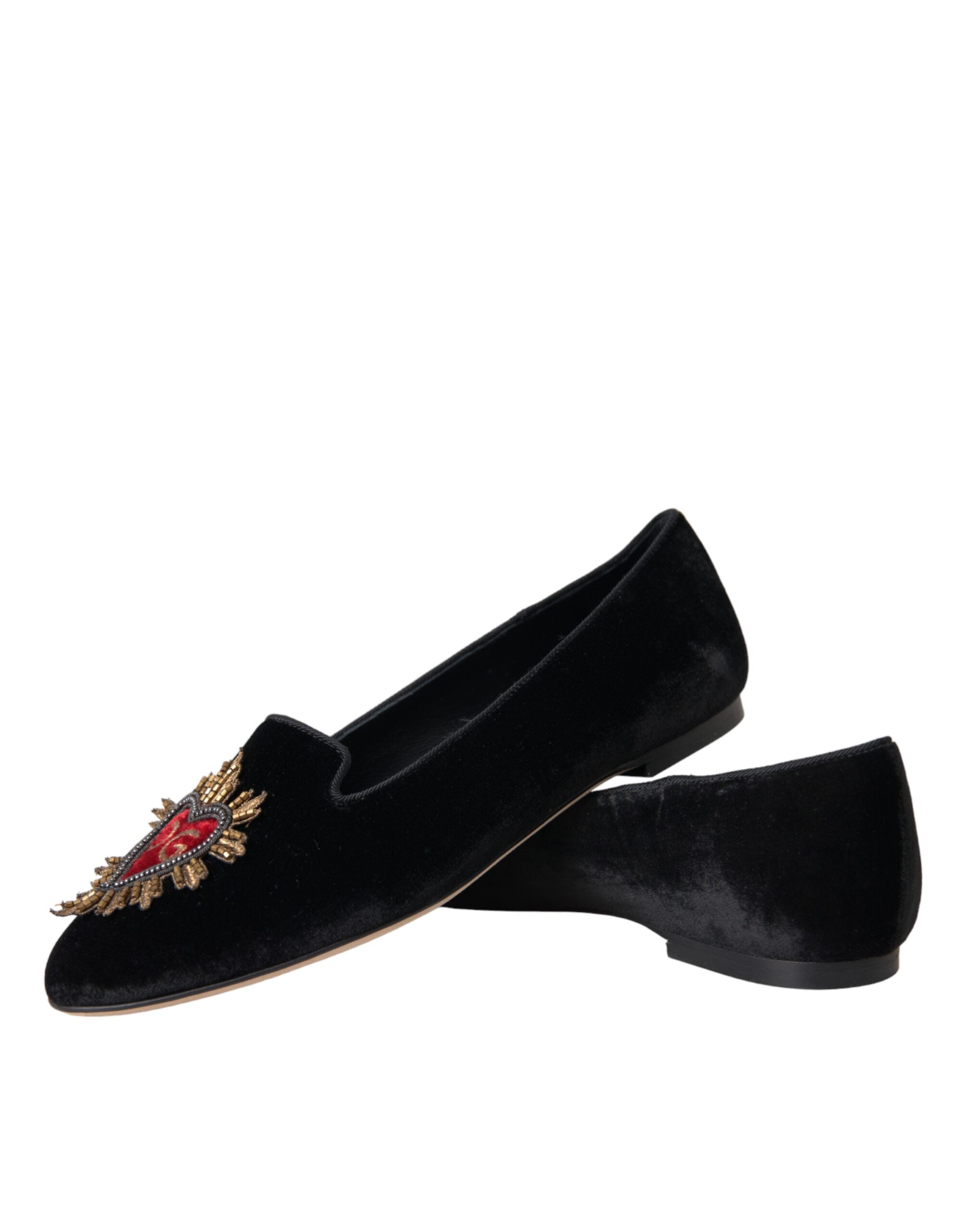 Dolce & Gabbana Black Velvet DG Heart Loafers Flats