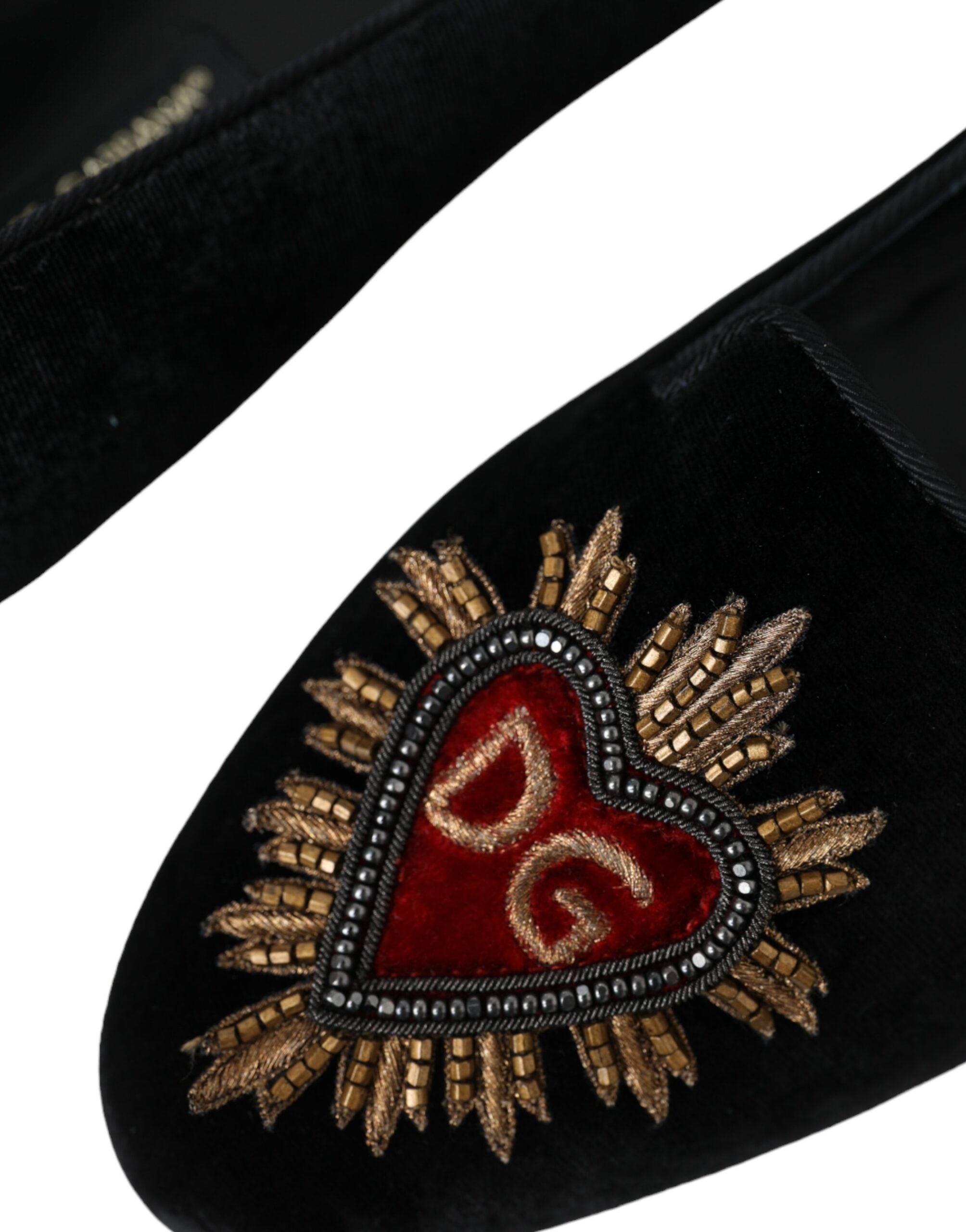 Dolce & Gabbana Black Velvet DG Heart Loafers Flats