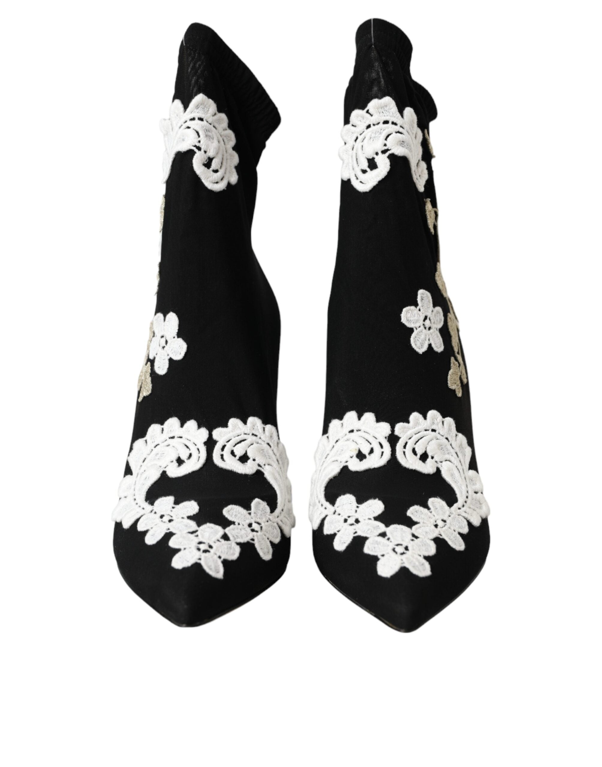 Dolce & Gabbana Black White Embroidery Slip On Boots