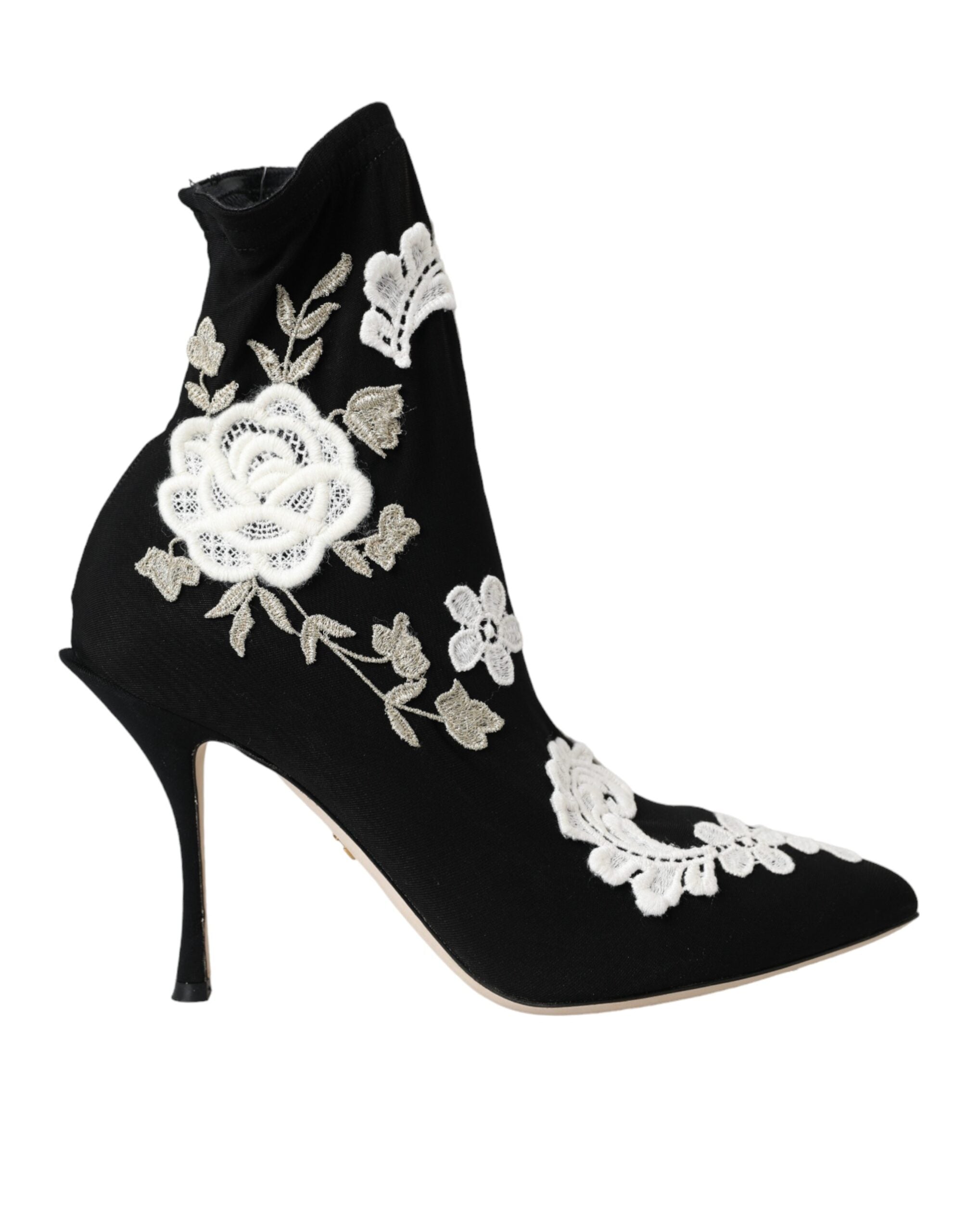 Dolce & Gabbana Black White Embroidery Slip On Boots